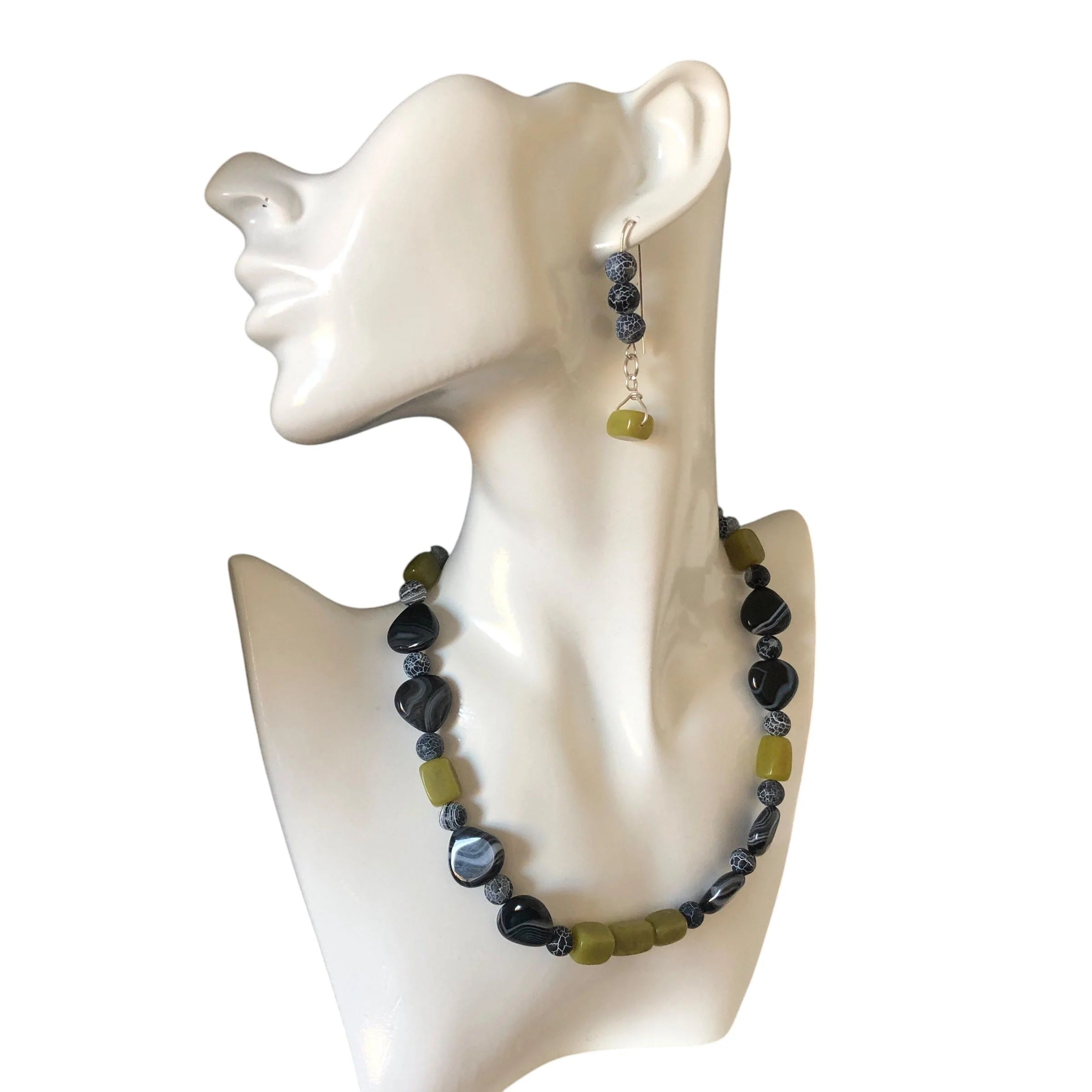 Olive Jade, Black Striped and Frost Cracked Agates Beaded Necklace