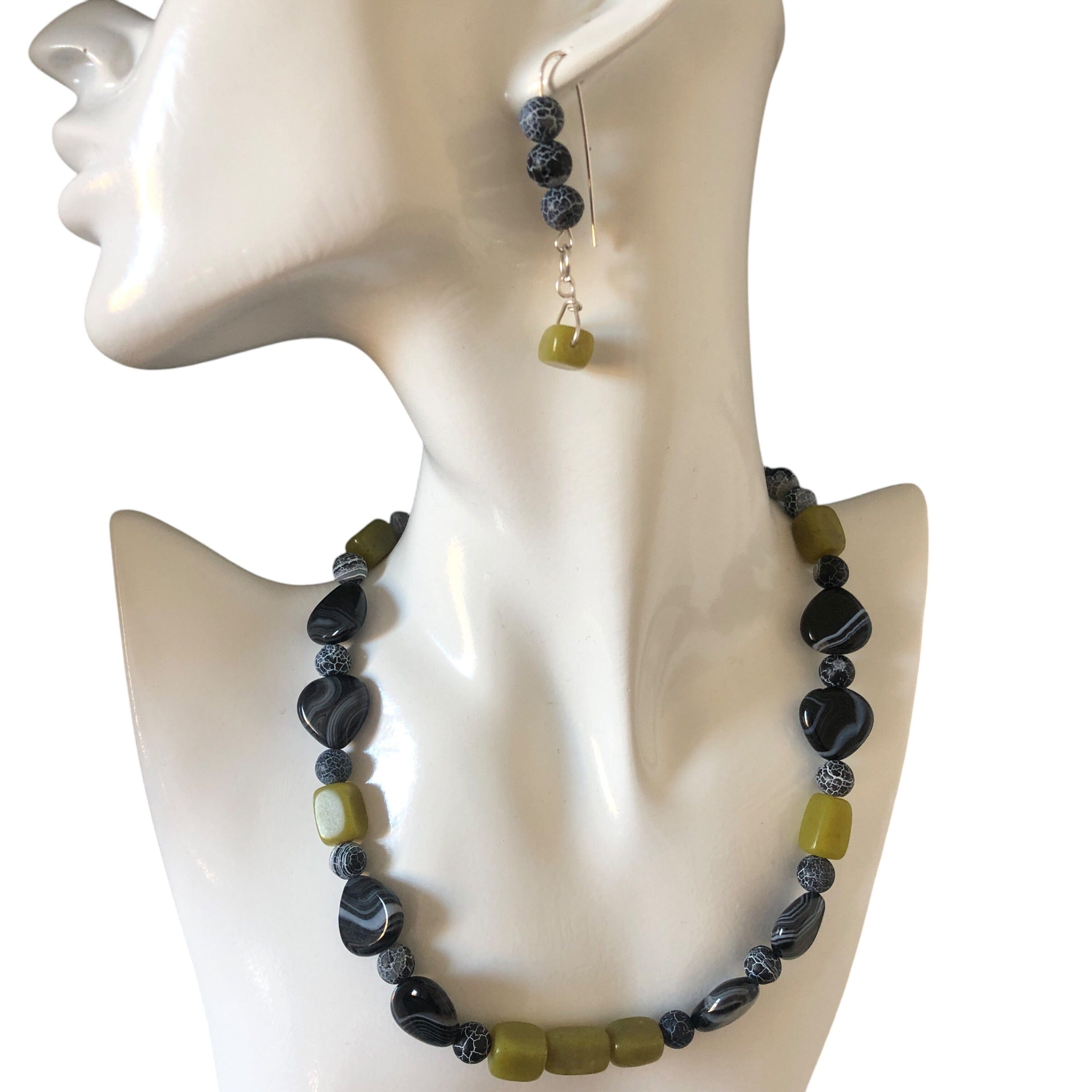 Frost Cracked Agates and Olive Jade 925 Silver Dangle Earrings