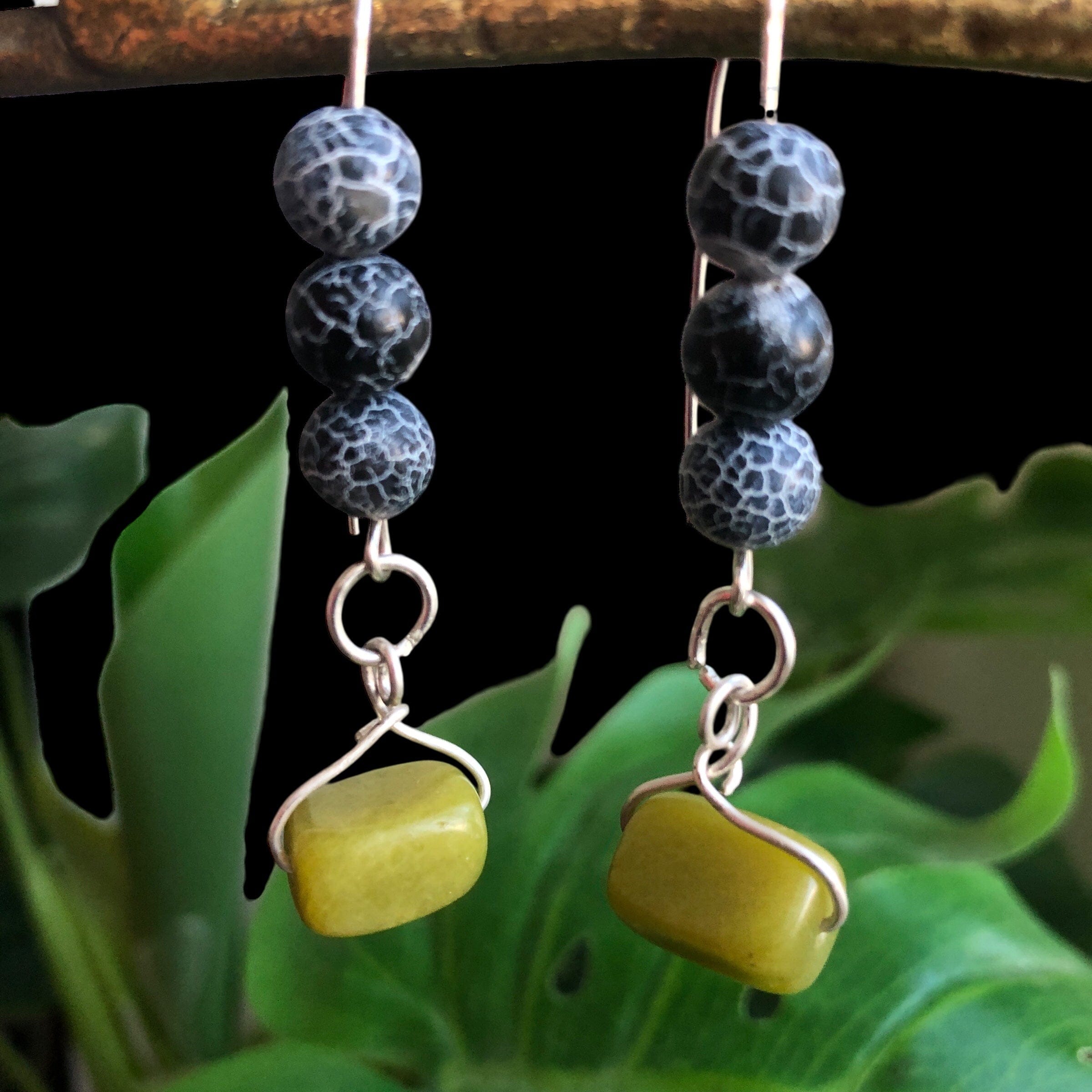 Frost Cracked Agates and Olive Jade 925 Silver Dangle Earrings