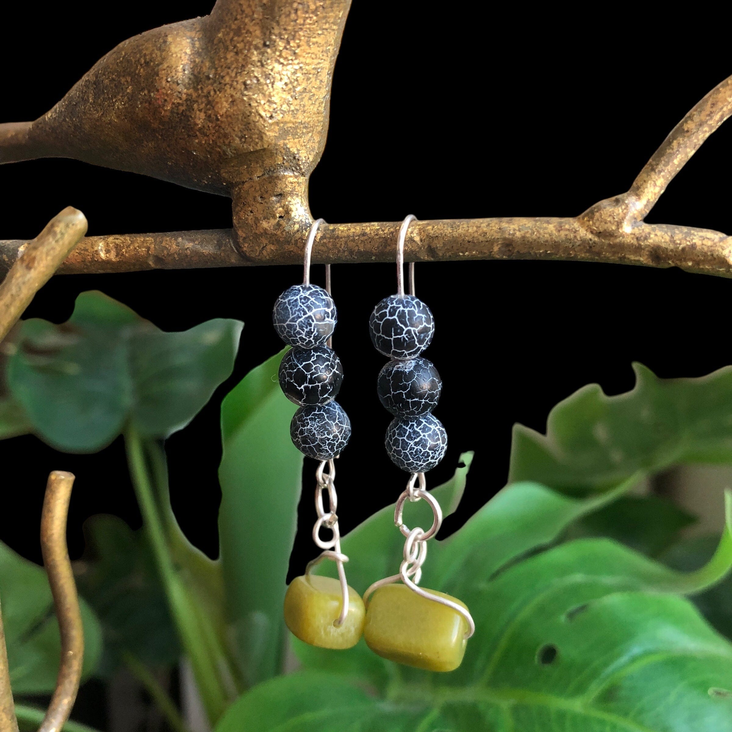 Frost Cracked Agates and Olive Jade 925 Silver Dangle Earrings