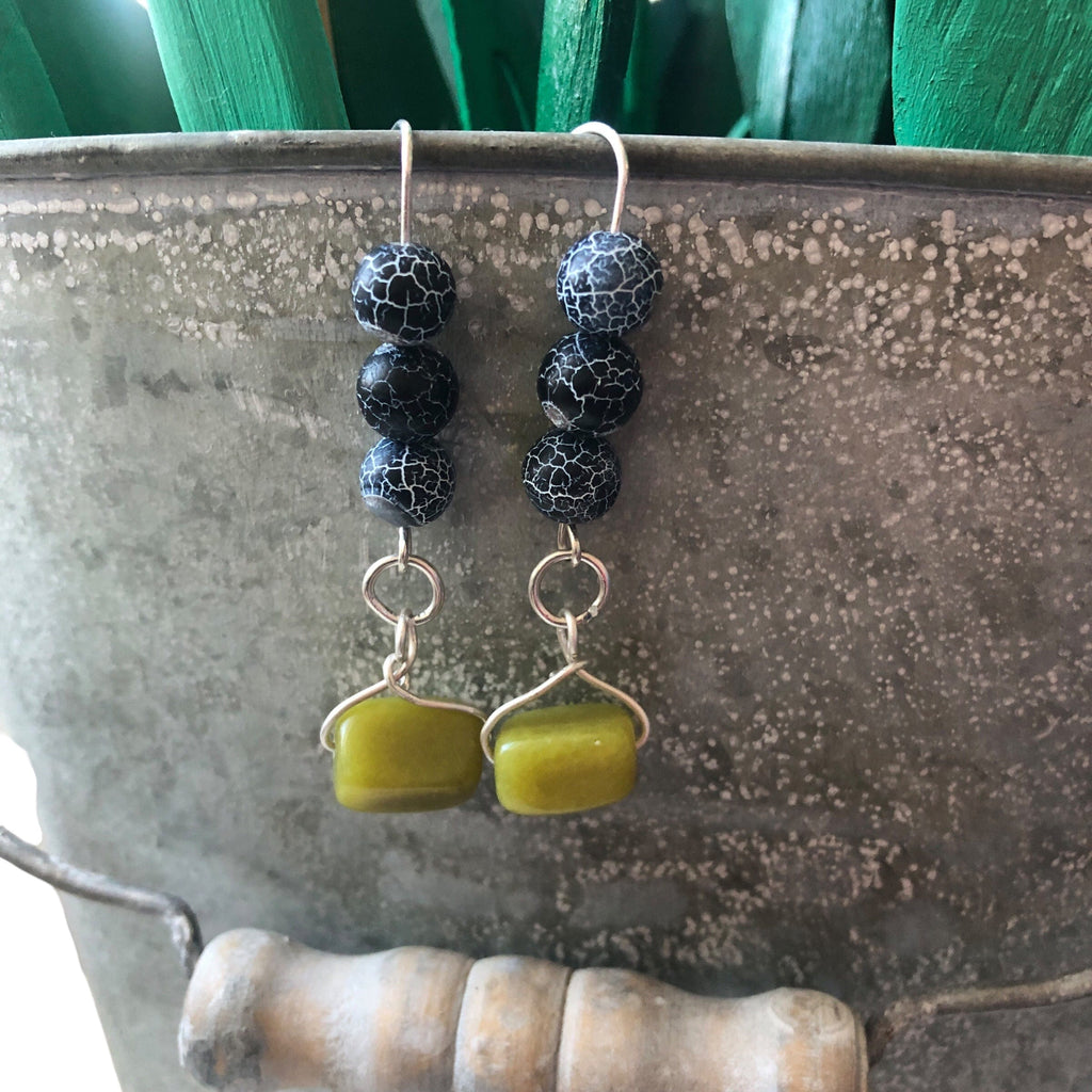 Frost Cracked Agates and Olive Jade 925 Silver Dangle Earrings