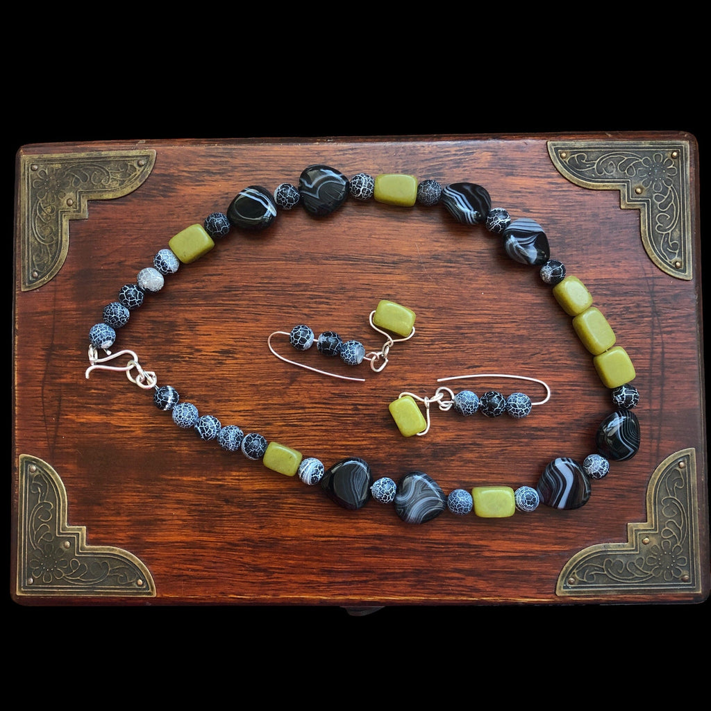 Frost Cracked Agates and Olive Jade 925 Silver Dangle Earrings