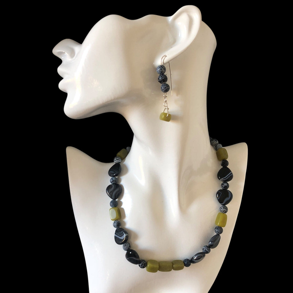 Frost Cracked Agates and Olive Jade 925 Silver Dangle Earrings