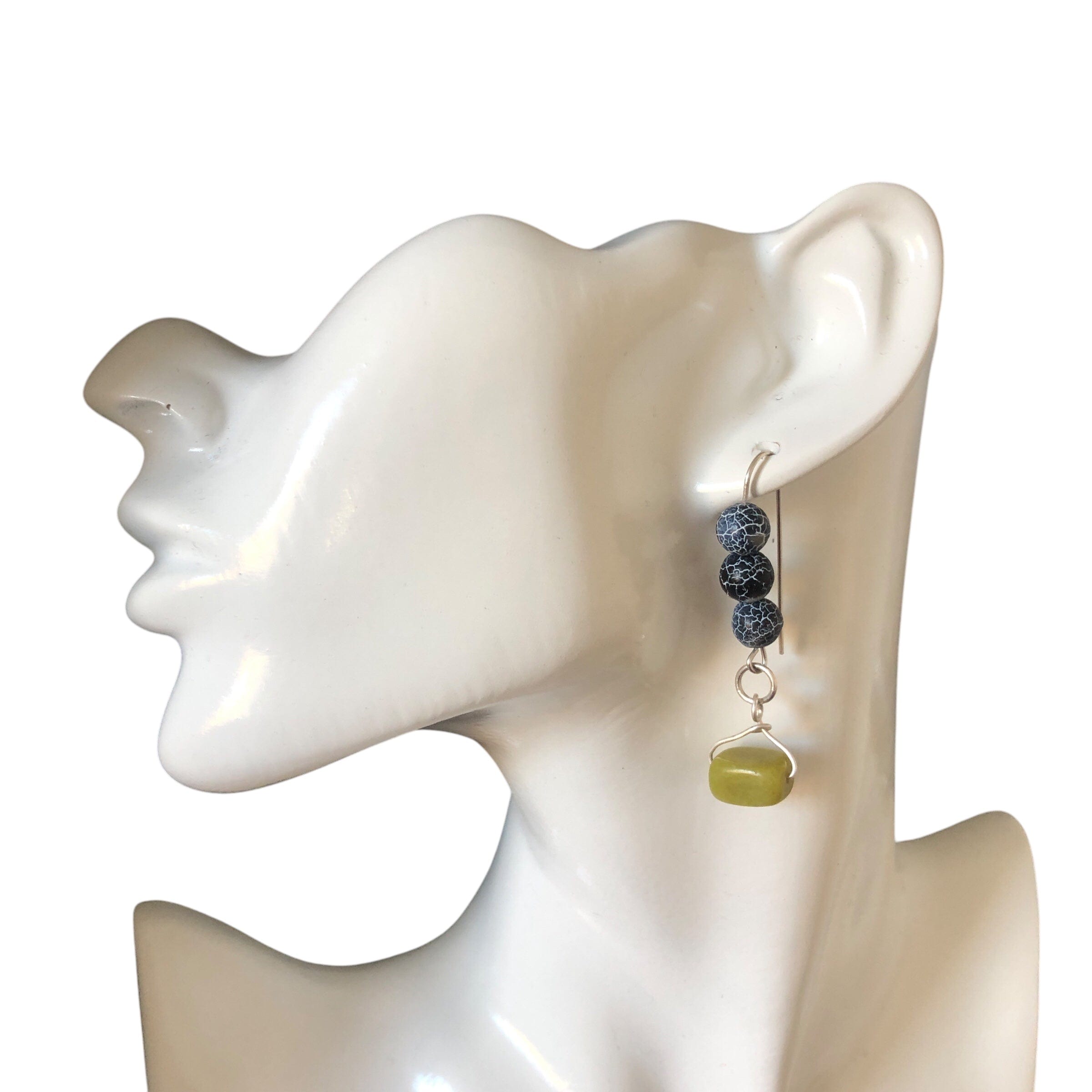 Frost Cracked Agates and Olive Jade 925 Silver Dangle Earrings