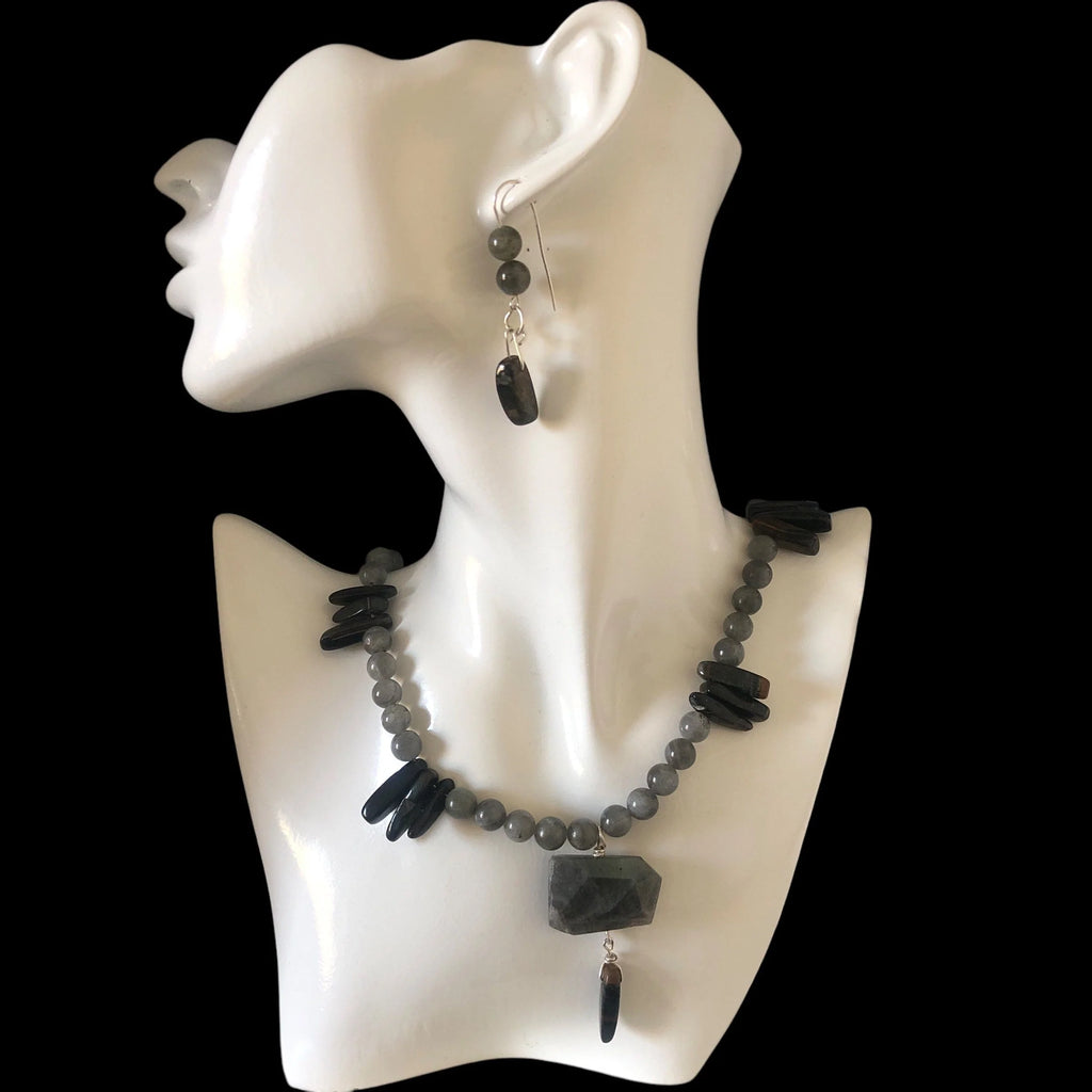 Labradorite and Blue Tiger Eye 925 Silver Dangle Earrings