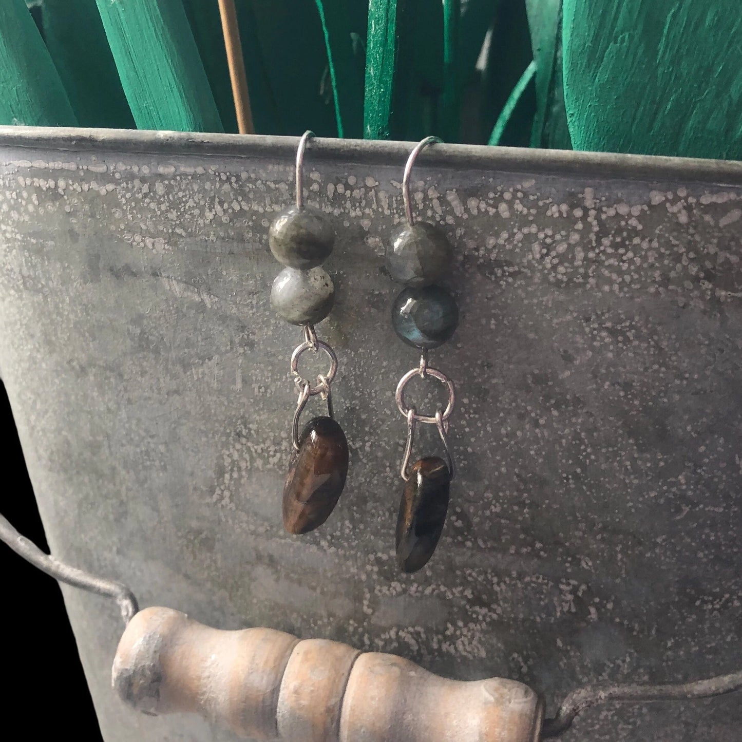 Labradorite and Blue Tiger Eye 925 Silver Dangle Earrings