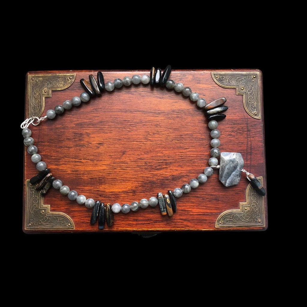 Moonstone and Blue Tiger Eye Beaded Necklace with Labradorite Pendant