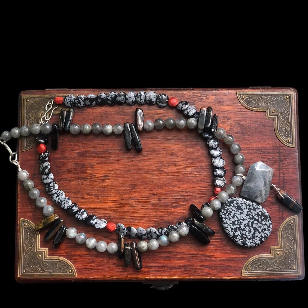 Moonstone and Blue Tiger Eye Beaded Necklace with Labradorite Pendant