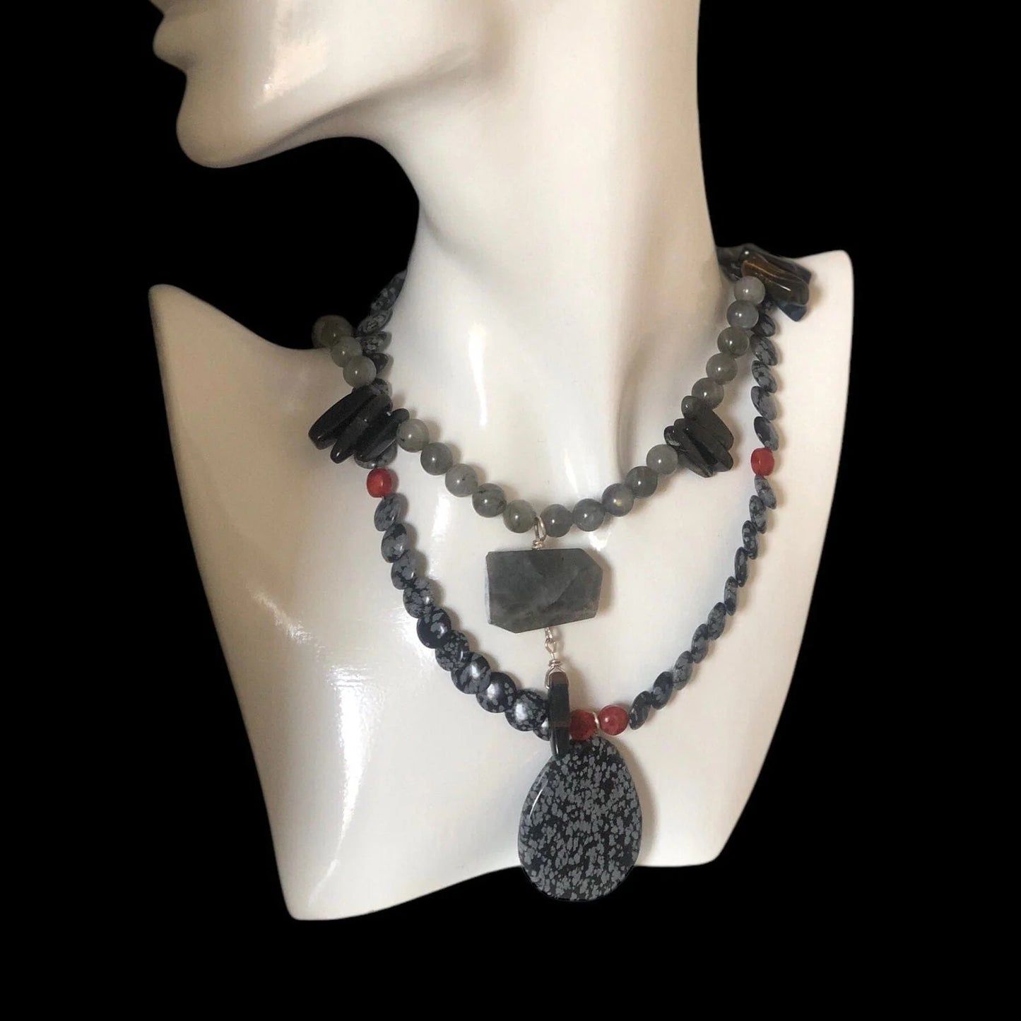 Moonstone and Blue Tiger Eye Beaded Necklace with Labradorite Pendant