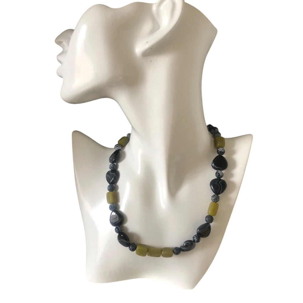 Olive Jade, Black Striped and Frost Cracked Agates Beaded Necklace