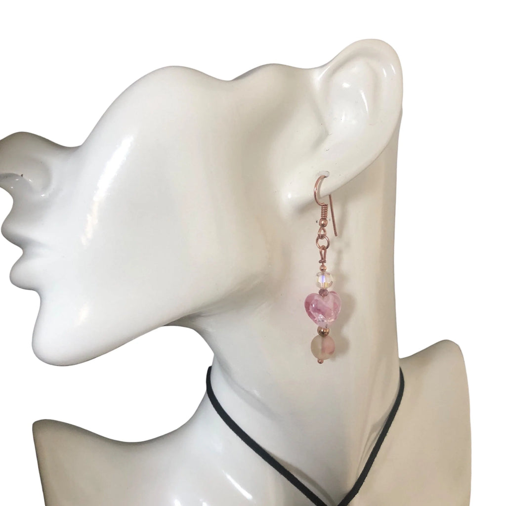Pink Glass Hearts Rose Gold Earrings