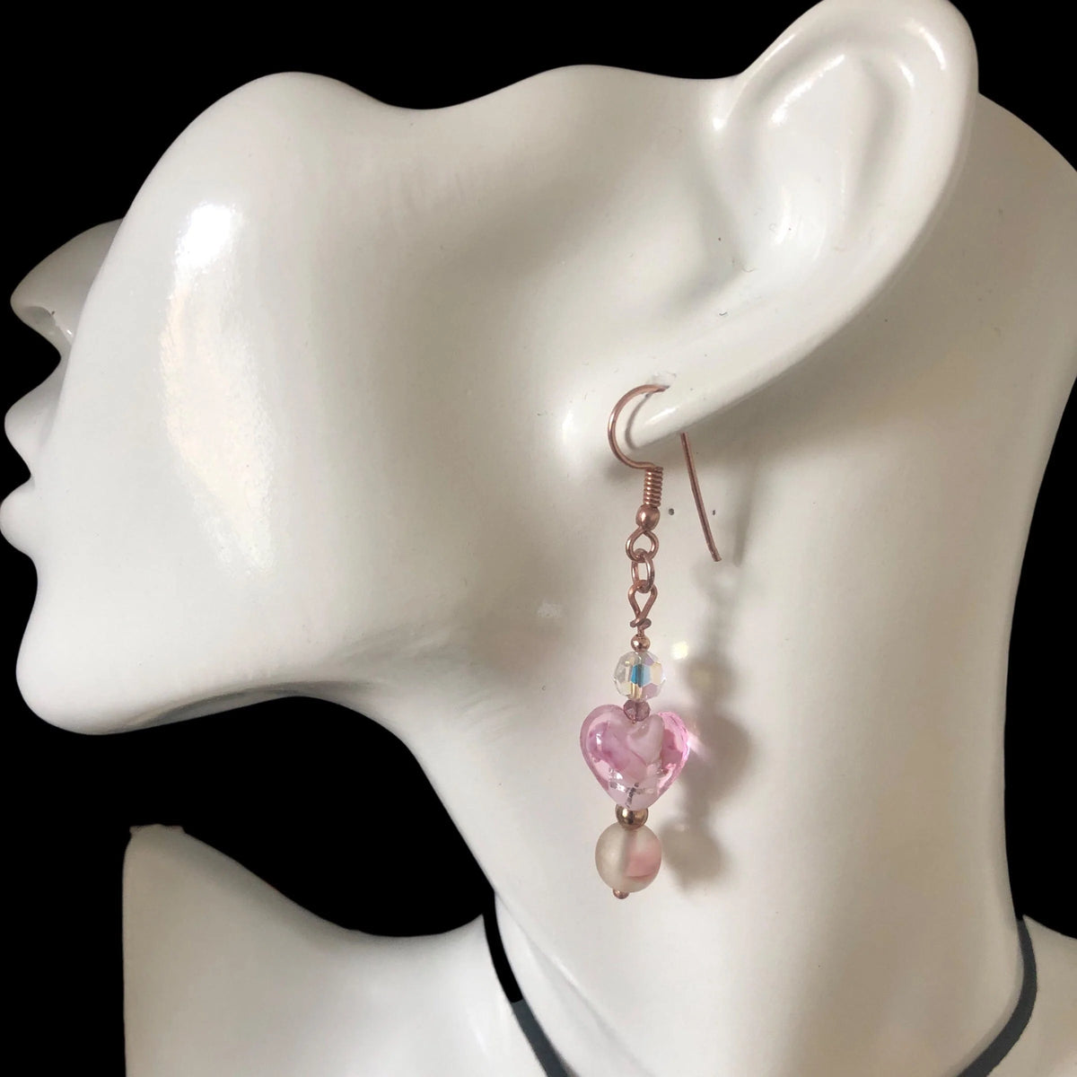Pink Glass Hearts Rose Gold Earrings