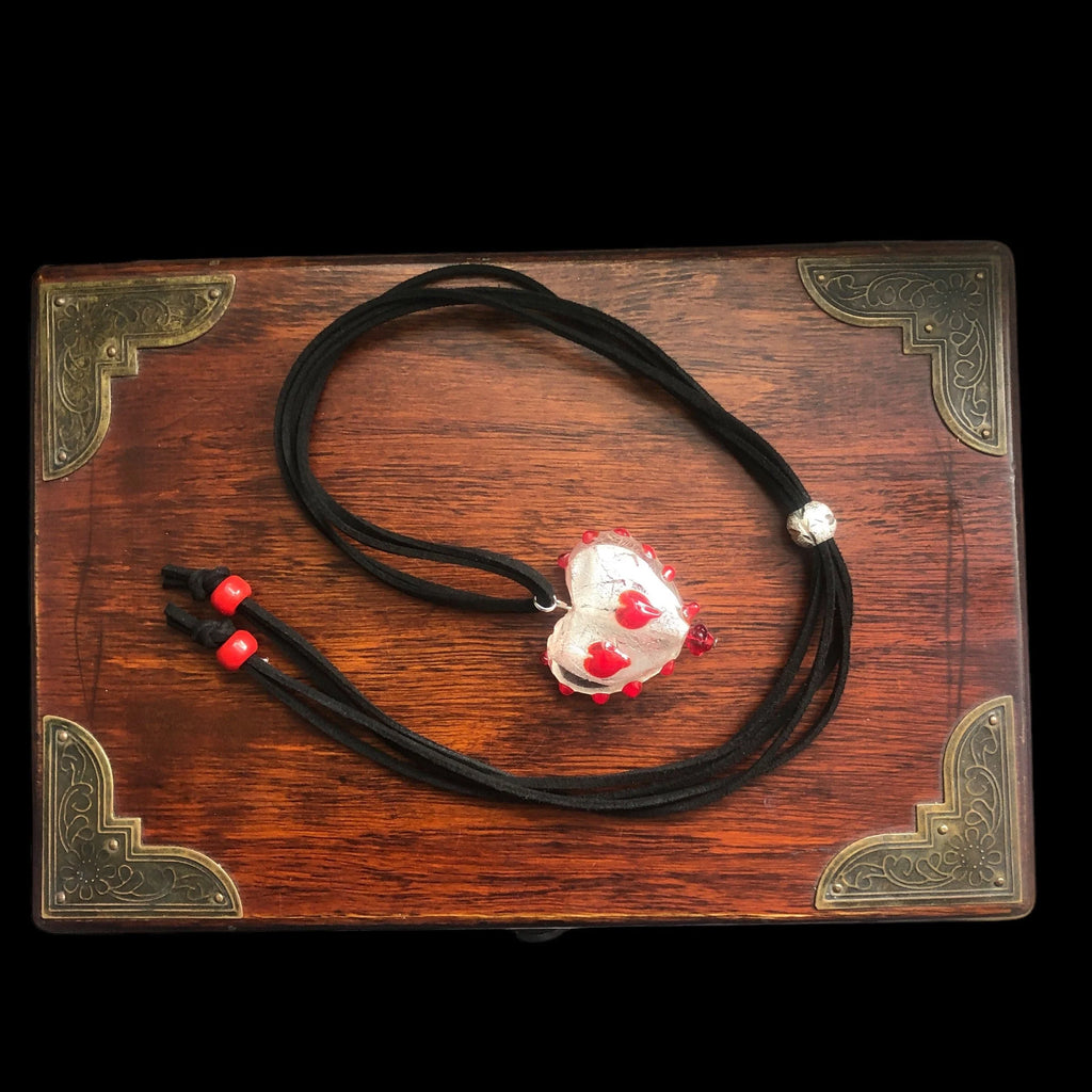 Red and White Glass Heart Pendant Necklace
