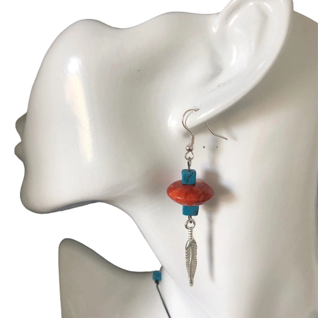 Silver Plated Dangle Earrings with Coral and Howlite