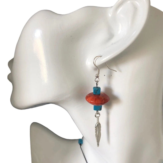 Silver Plated Dangle Earrings with Coral and Howlite