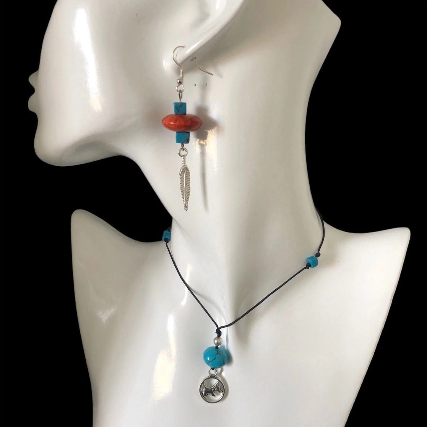 Silver Plated Dangle Earrings with Coral and Howlite