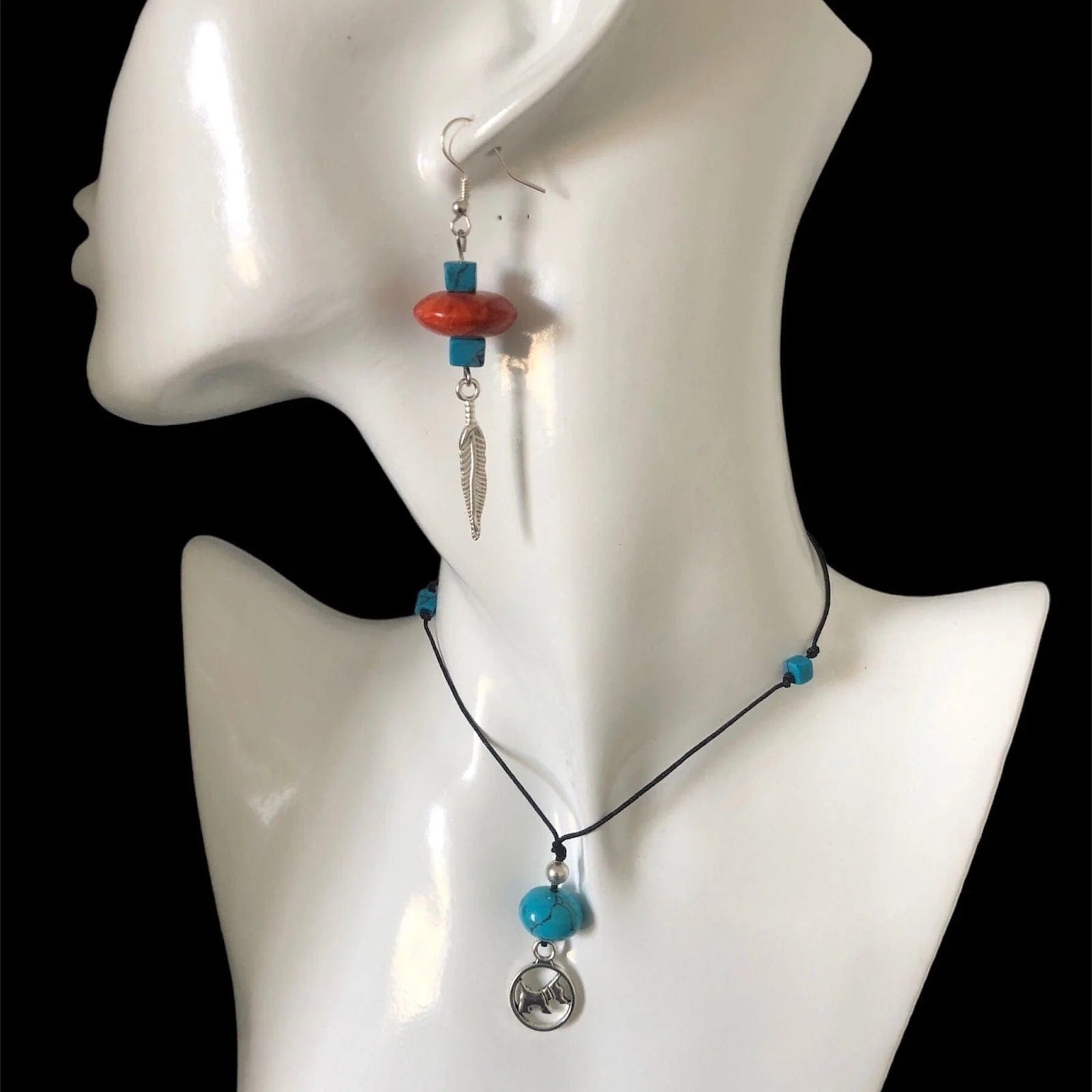 Silver Plated Dangle Earrings with Coral and Howlite