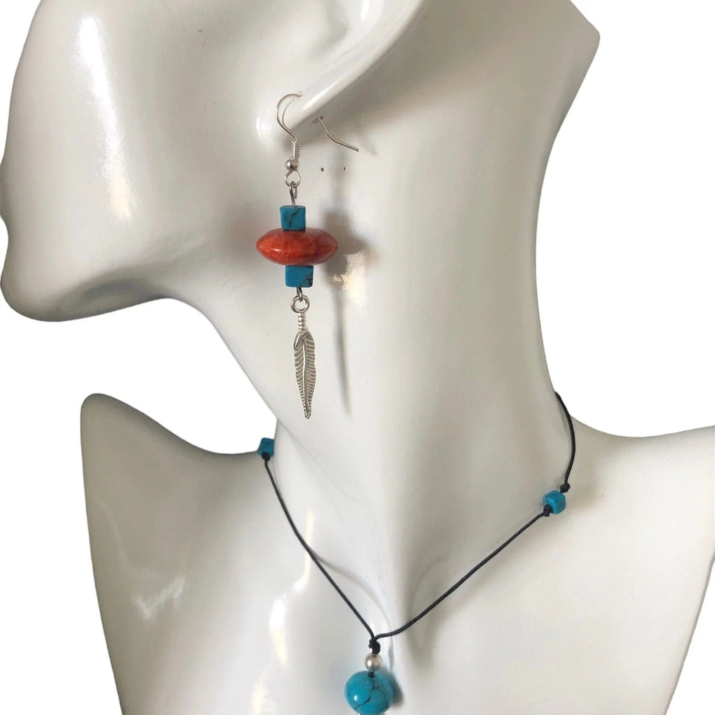 Silver Plated Dangle Earrings with Coral and Howlite