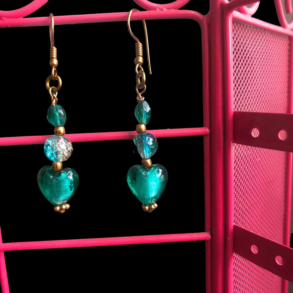 Turquoise Glass Hearts Dangle Earrings