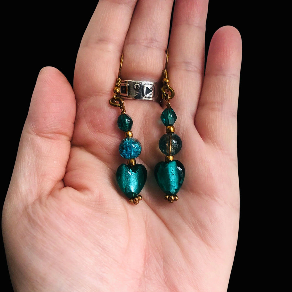 Turquoise Glass Hearts Dangle Earrings
