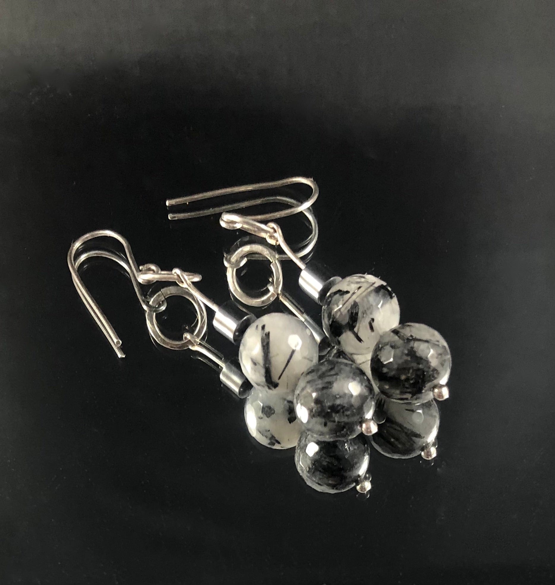 Rutiled Quartz & Hematite 925 Silver Dangle Earrings KAS WARWAS