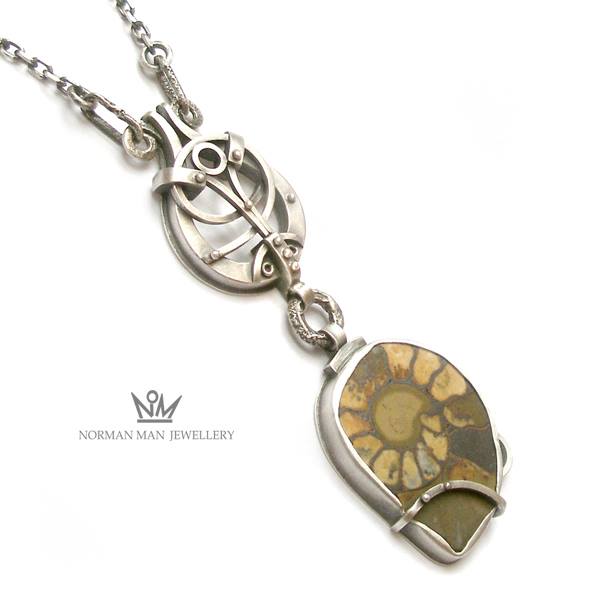 Samurai Cat Silver And Ammonite Statement Pendant Necklace BLITZ