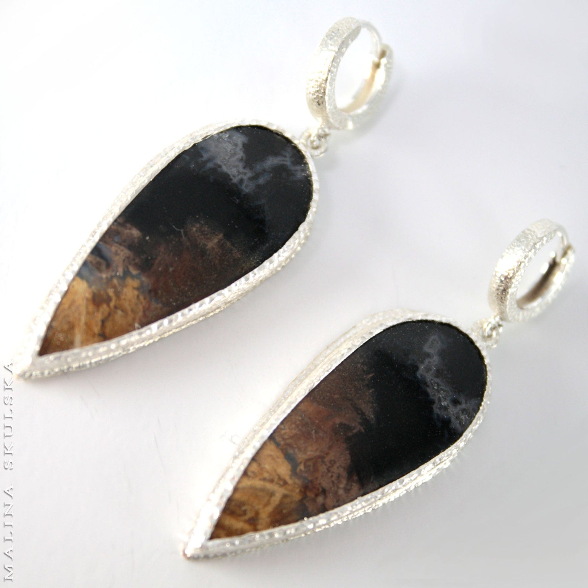 Silver Drop Earrings With Fossilised Wood MALINA SKULSKA