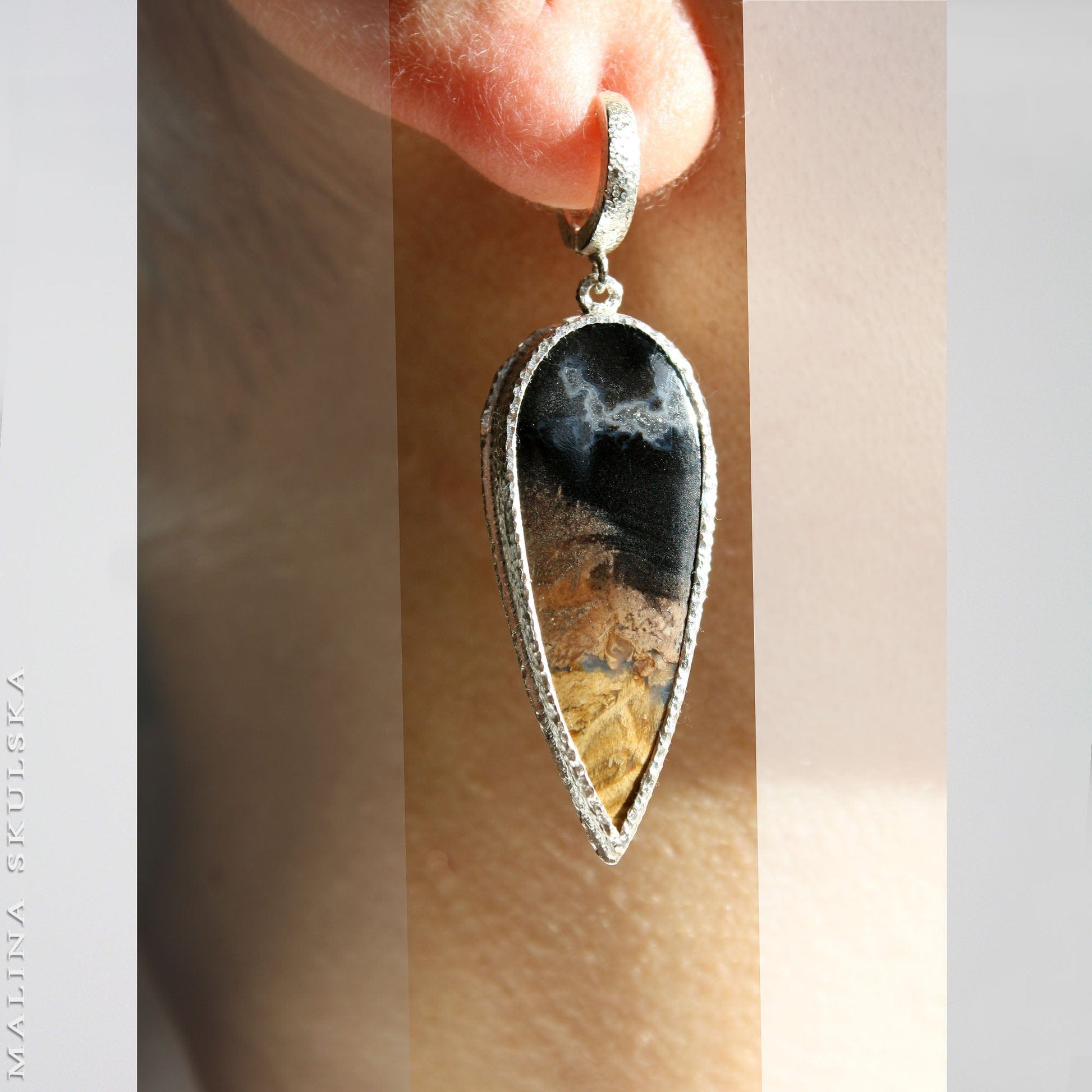 Silver Drop Earrings With Fossilised Wood MALINA SKULSKA