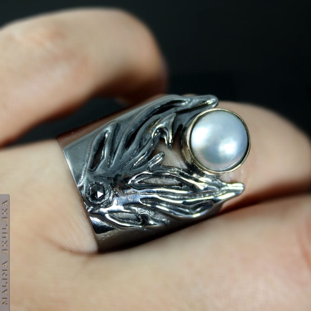 Silver Ring With Mabe Pearl And Black Diamond MALINA SKULSKA